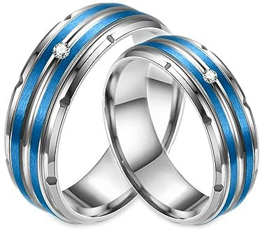Titan Eheringe mit Gravur, Paar Verlobungsringe 8mm Silber und Blau Ring mit Zirkonia Ring Damen 60 (19.1)+ Herren 70 (22.3)