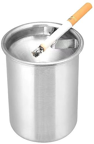 MENFENG Stainless steel Ashtray，Windproof, Cigarette Ashtray for Indoor or Outdoor Use，Outdoor ashtrays for patio，Ash Holder for Smokers,Desktop Smoking Ash Tray for Home Office Decoration (Silvery)