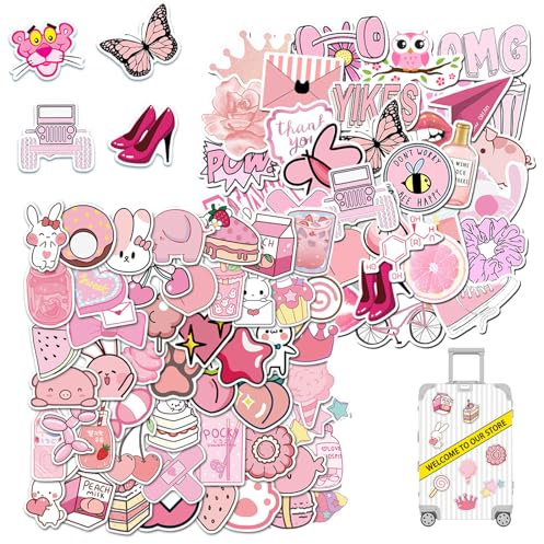 100Pcs Pink Cute Stickers Pack, Self Adhesive Waterproof Vinyl Stickers Decals Kawaii Stickers, for Water Bottles Laptops Scrapbooks Journaling Girls Teens