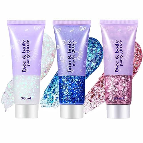 Go Ho White Pink Blue Body Glitter Set,Singer Concerts Face Glitter Gel Makeup,Holographic Long Lasting Chunky Sequins Glitters for Eye Hair Nails,Festival Rave Accessories