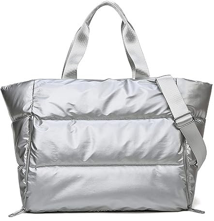 Große gesteppte Puffer-Tragetasche für Damen, weich gepolstert, Daunen, Winterhandtasche, Schultertasche, Kissen, Shopper, Silber 2, Medium