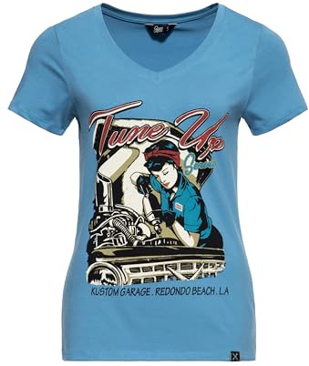 Queen Kerosin Damen Kurzarm T-Shirt V Ausschnitt Tune Up Print Slim Fit Tune Up