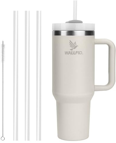 WALLFID 40oz Thermobecher aus Edelstahl, Vakuum-Isoliert mit Deckel, 3 Strohhalmen und 1 Strohhalm Bürste, Für Heiß- und Kaltgetränke, Ideal für Kaffee, Tee, Smoothies und Mehr(Cremefarben)