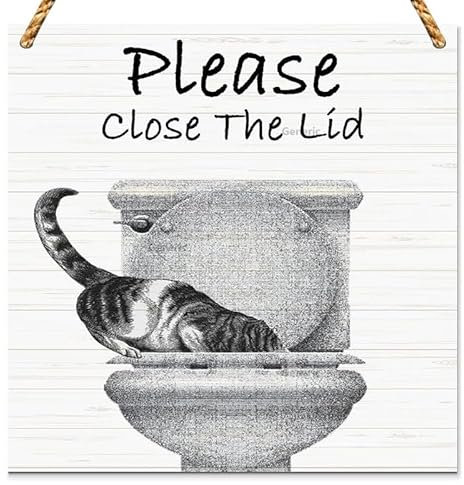 Cat Lovers Decor Sign, Please Close the Lid Printed Sign Wall Art, Hanging Door Sign, Decorative Sign Home Bathroom Toilet Decor Wood Sign Wooden Wall Decor 5 * 5 inch