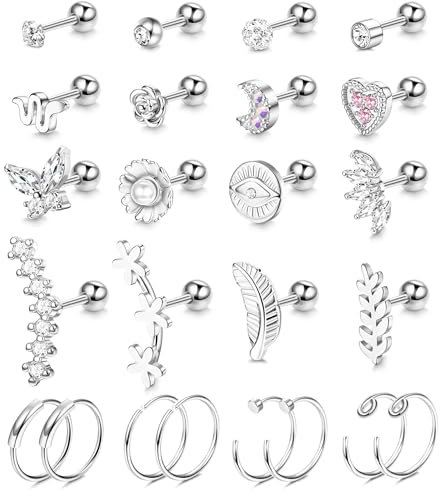 Dochais 24 Stück Couch Piercing Stecker Piercing Knorpel Tragus Piercing Stecker Helix Conch Piercing Ring Set Piercing Stecker Edelstahl Piercing Stecker 16G 18G 20G für Damen Herren Silber