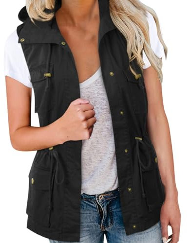 Minetom Damen Cargo Weste Ärmellos Übergangs Parka Jacke Kurz Mit Taschen Und Kordelzug Frühling Sommer Weste Oberbekleidung A Schwarz 3XL