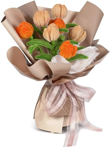 BOFRHME Tulpe Blumenstrauß Pfeifenreiniger Set mit 3 Farben(Orange, Hellgelb,grün), Chenilledraht 30cm Pfeifenputzerdraht Biegeplüsch für Bunt Chenilledraht Biegeplüsch Blumenstrauß zum Basteln