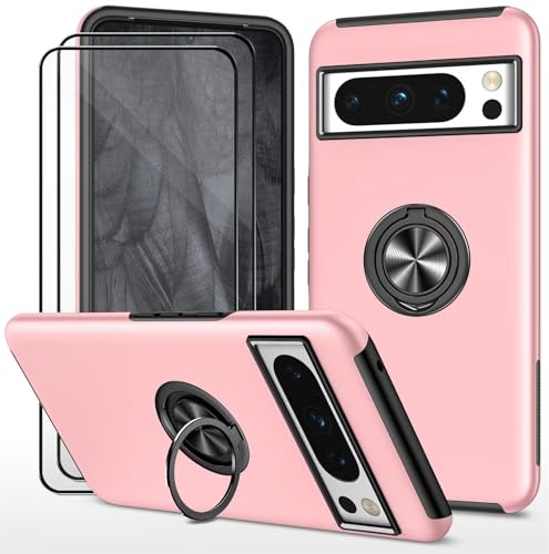 Dechyi cover per Google Pixel 8 Pro (6.7) e 2 Pellicola Vetro Temperato Custodia con anello Robusto Durevole custodia protettiva- Rosa