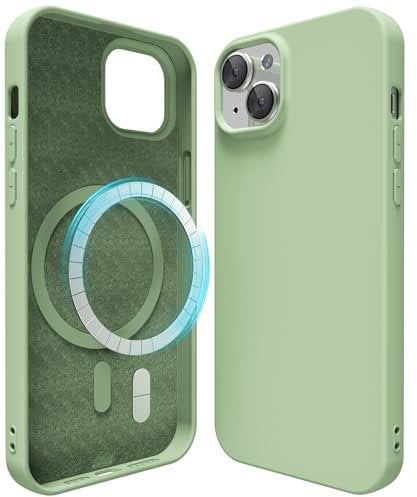 oakxco Silicone Case for iPhone 15 Plus/ 14 Plus Compatible with Magsafe Magnetic Wireless Charging, Slim Thin Soft Rubber Gel with Magnet, Matte TPU Mag Cover for Women Men, Light Green