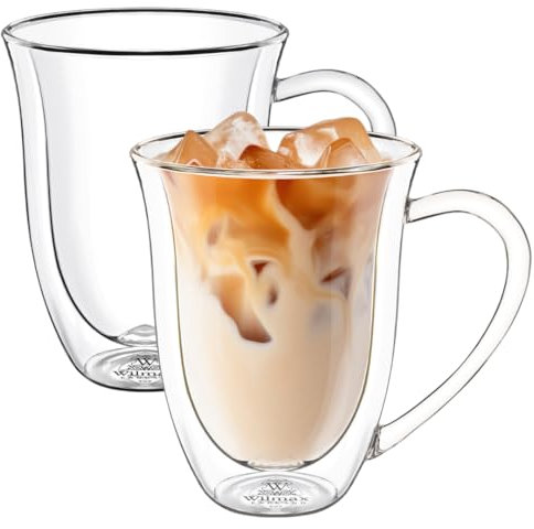 Wilmax – Vasos térmicos con asa – Juego de 2 – 400 ml – Vasos de doble pared para agua, té, café – vasos de té y café – Vasos para bebidas calientes y frías – Apto para lavavajillas