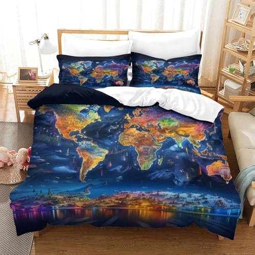 GNMRTFEAE Weltkarte Bettwäschegarnitur Motive Bettbezug Set Für Kinder Mädchen Jungen Reissverschluss Und Kissenbezüge Bettwäsche Weich Microfaser 3 Teilig Single（140x200cm）