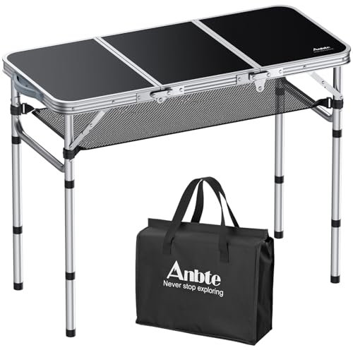 Anbte Campingtisch Klapptisch aus Aluminium 88x40cm (LxB) mit 3 Verstellbare Höhe Tragbar Picknicktisch mit Aufbewahrungsnetz Koffertisch Grilltisch Gartentisch für Camping Party Strand (Schwarz)