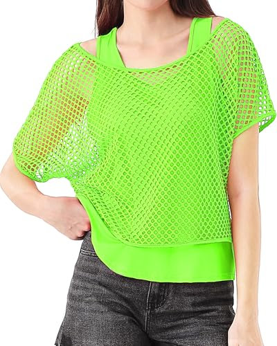 80er 90er Jahre Outfit Damen, Netzoberteil Tank top, Netzshirt Mesh Oberteil, Kostüm 80er Jahre Neon Shirt 80s Aerobic Outfit Off Shoulder Mottoparty Karneval Fasching Kleidung