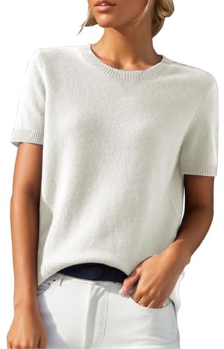 Womens Short Sleeve Knitted Sweater Plain Chunky Cable Crew Neck Jumpers Soft Smooth Loose Fit Knit Pullover Tops Classic and Versatile Office WorkT Shirt Blouse Knitwear White