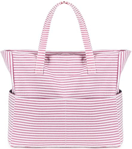 LEDAOU Große Strandtasche mit reißverschluss Damen Wasserdicht Umhängetasche Tragetasche shopper sanddicht mit Reißverschluss Pool Fitness Reisetasche familie (Rosa Streifen)