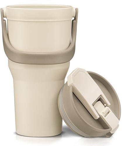 Large Insulated Reusable Travel Mug with Handle, for Hot & Cold Drinks Durabile BPA-Free Plastic, Microwave & Dishwasher Safe, Portable Travel Coffee Tumbler Cup - 100% Leakproof Lid - 32 oz (Beige)