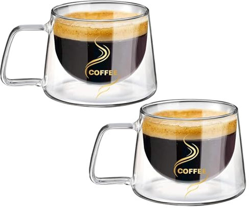 Prismoria Lot de 2 tasses à café et tasses à café isothermes en verre à double paroi de 200 ml, pour latte, cappuccino, latte macchiato, résistantes à la chaleur, tasses à café en verre