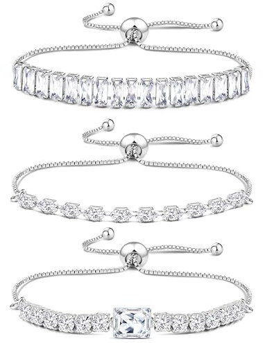 JeweBella 3 Stück Armband Damen Gold Silber Glitzer Tennis Armband Diamant Zirkonia Verstellbare Armband Stapel Tennis Armbänder Set