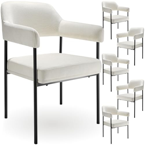 tectake® Silla de Comedor Acolchada, Tapizada en Tela, con Respaldo Continuo y Reposabrazos, Patas de Acero Estables, Silla para Cocina, Salón, Dormitorio - 6 sillas Tejido Blanco Roto/Negro