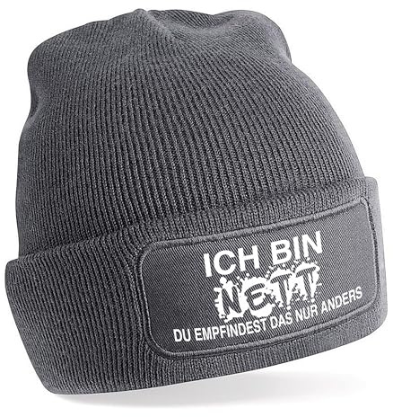 Herzbotschaft Beanie Strickmütze mit Spruch | Ich Bin nett. Du empfindest das nur Anders. | Farbwahl | Unisex SoftTouch angenehm weiche und warme Wintermütze | OneSize Einheitsgröße für Erwachsene