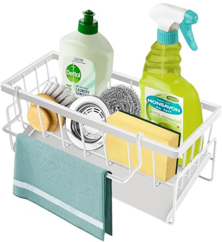 TOKPLNU Kitchen Sink Caddy, Metal Sponge Holder for Kitchen Storage Rack,KitchenTidy Sink Organiser with Self Drain Tray & Dishcloth Hanger,Washing Up Utensil Caddy for Bathroom, White