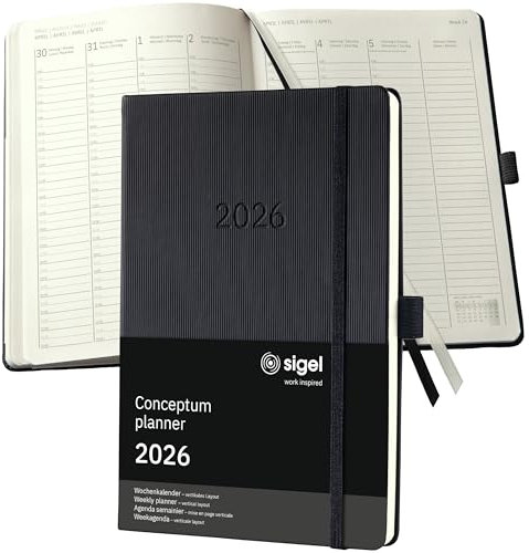 SIGEL C2619 Planungsbuch Wochenplaner Wochenkalender 2026, ca. A5, 1 Woche = 2 Seiten, 1 Spalte pro Tag, schwarz, Hardcover, 192 Seiten, Stiftschlaufe, Archivtasche, Kalenderbuch Conceptum