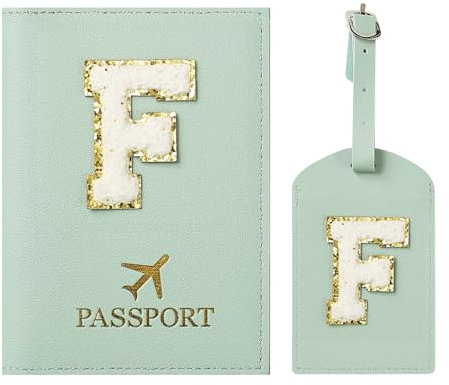 ZVRSUA Porta Passaporto Verde ed Etichette per Valigie Cover，Passaporto con Lettere, Pelle PU,Porta Passaporto da Viaggio Donne, Regalo Donna,Uomo,Adolescenti, Ragazze (Verde F)