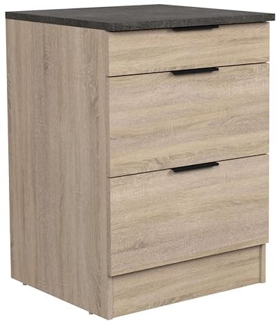 Module de cuisine inférieur Arko style industriel couleur chêne rugueux et noir avec 3 tiroirs 60 x 86 x 60 cm