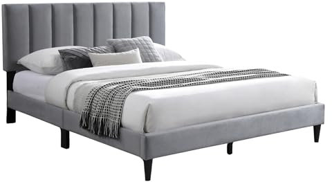 Bett 140x200 cm, Polsterbett mit Lattenrost, Bettgestell, Doppelbett mit weichem Bezug und gepolstertem Kopfteil mit vertikaler Steppung, robustes Gestell, hoher Liegekomfort | Grau | 140x200 cm