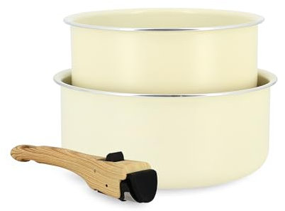 MENASTYL - Lot de 2 casseroles amovibles revêtement antiadhésif céramique sans PFAS/PTFE - 2 casseroles 16/18cm et 1 poignée - Tous feux dont induction – Alu recyclé Crème - 6020632