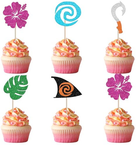 30 Stück Moana Cupcake Toppers Glitzer Palmen Monstera Tortendeko Blatt Blume Kuchen Deko für Tropische Hawaiian Theme Baby Dusche Kinder Geburtstag Party Cupcake Dekorationen