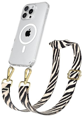 EAZY CASE Handykette - Verstellbares Taschenband kompatibel mit iPhone 16 Pro Max, Schulterriemen, Handykordel mit Silikon Hülle, Qi Charging kompatibel, Umhängetasche, Zebra - Schwarz Beige Gold