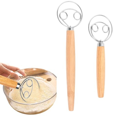 GXGM 2 piezas Batidor de masa danesa,Batidor de Masa Danés de 33 cm y 25.5 cm, con mango largo de madera, batidor para pan, galletas y pasteles, herramienta manual para amasar y hornear