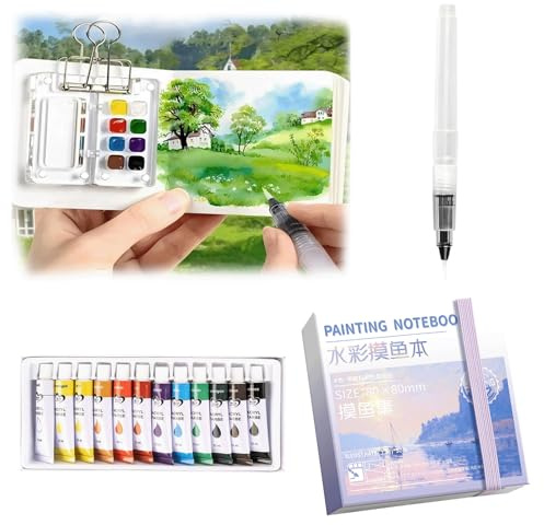 Femnow Pocket Aquarell Set, Mini Aquarell Travel Set Unterwegs, Deckfarbkasten Skizzenbuch mit farben, Skizzenbuch, Stifte für Künstler, Studenten