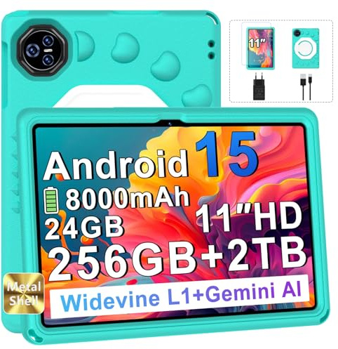 Dghrti 2026 Tablet Android 15 Con EVA Silicone Custodia Protettiva, 24GB+256GB/2TB, Bambini tablet 11 Pollici Octa-Core, Gemini AI/Widevine L1, 8000 mAh, 13MP+5MP, Corpo Metallo, Tableta Grande-Green