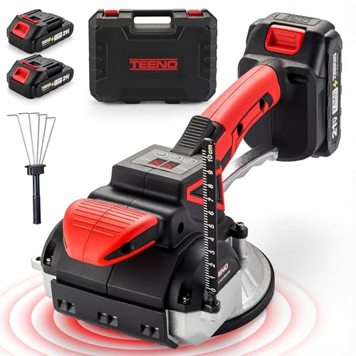 TEENO 2 en 1 Ventouse Vibrante Carrelage Sans Fil,Ventouse Carrelage Electrique avec 2x2Ah Batteries,9 Vitesses,500 kg Aspiration,12000RPM Vibration,145mm Ventouse+Échelle+Râteau,pour Carreaux & Verre
