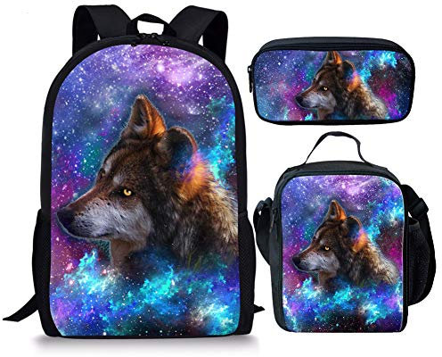 chaqlin Mode Galaxy Tier Rucksack Schultaschen für Jungen Mädchen Büchertasche Tagesrucksack, (3 Stück) Wolf 3, Einheitsgröße, Schulrucksack