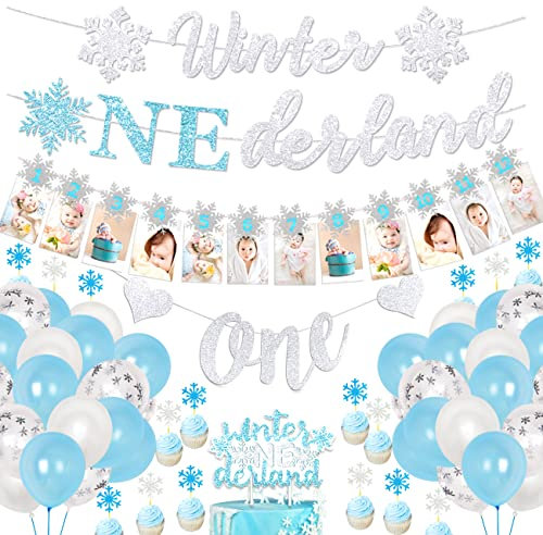 Winter Onederland 1st Birthday Decorations Boy Blue and Sliver Snowflake 1st Birthday Party Supplies with Snowflake Photo Banner Winter Onederland Banner Cake Topper Highchair Banner for Winter Party