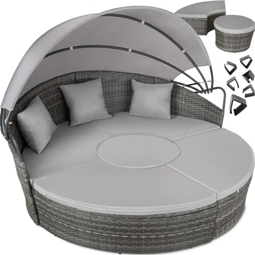 tectake® Bain de soleil Salon de jardin exterieur Modulable en Résine tressée avec Pare Soleil Pliable, Coussins Inclus, Chaise longue Relax Mobilier de Jardin pour Amenagement Balcon Terrasse Veranda