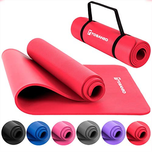 TOSANEO Fitnessmatte mit Tragegurt Gymnastikmatte aus NBR Schaumstoff rutschfeste Sport-Matte für Pilates Workout und Meditation Yogamatte 183x61x1cm Rot