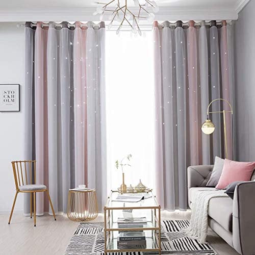 YEENUEER Gardinen Kinderzimmer Blickdicht Vorhang Junge Mädchen Hohle Sterne Verdunkelung Vorhänge Farbverlauf Ösenschal Voile für Schlafzimmer, Grau Rosa 2 Stücke