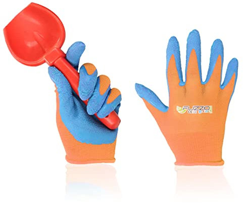 FUZZIO Arbeitshandschuhe Kinder - 2 Paar Orange Gartenhandschuhe Kinder Reißfest & Atmungsaktiv, Größe 3 (3-6 Jahre), Frei Von BPA & Phthalaten, Optimaler Komfort Für Gartenarbeit, Latexbeschichtet