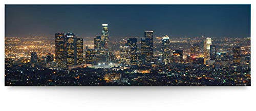 Wandbild Skyline Los Angeles Nachts - 150cm x 50cm Leinwand auf Fertigrahmen + Aufhänger