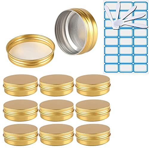ZEOABSY Pack of 10, Empty 60ml Gold Aluminium Tins with Screw Lids Round Cosmetics Containers Pots Storage Jars for Lip Balm DIY Candle Salve Powder Crafts with 5 Spatula, 1 Labels