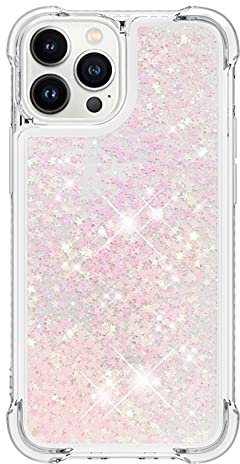 iPhone 13 Pro Max Case Glitter, 3D Bling Sparkle Quicksand Flowing Liquid Clear Transparent TPU Gel Silicone ShockProof Protective Phone Case for iPhone 13 Pro Max Cover Girls, Silver & Pink