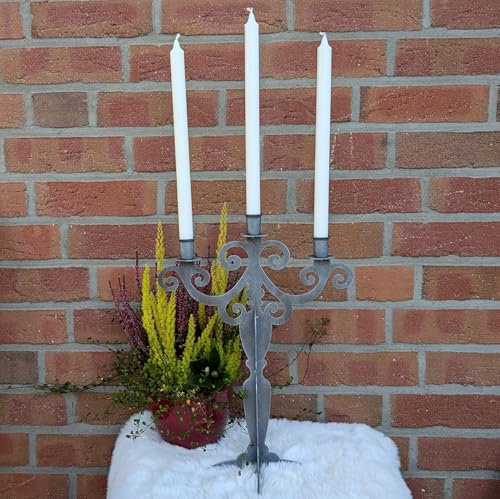 Deko Kerzenleuchter - Kerzenständer für Stabkerzen 3 armig zum Stellen in grau 44cm für Innen- und Aussendeko