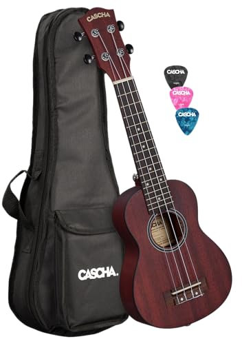 CASCHA Mahagoni Rot Sopran Linkshänder Ukulele Erwachsene & Kinder - inkl. 3 Plektren & gepolsterte Tasche - Mahagoniholz-Ukulele für Anfänger & Fortgeschrittene - Aquila Nylon-Saiten