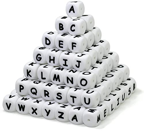 Melius 110 perline in silicone per lettere da 12 mm A-Z (extra per lettere vocali) quadrate uniformi e accurate, per bracciali, portachiavi, collane, cordini (bianco)