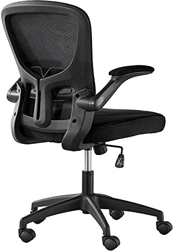 Yaheetech Ergonomic Office Chair with 90° Flip-up Armrest Lumbar Support Mid Back Mesh Computer Chair Padded Seat Cushion for Home Study Conference Work Black