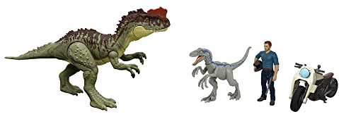 Jurassic World HLP79 - Dominion 3er Pack Figuren & Dinosaurier, Owen Grady Motorrad Yangchuanosaurus & Blue, Helm & Tranquilizer, Dinosaurier Spielzeug für Kinder ab 4 Jahren